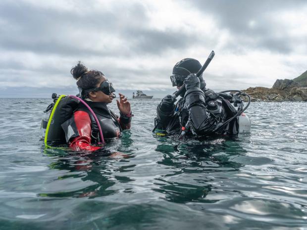 Two divers emerging from the water