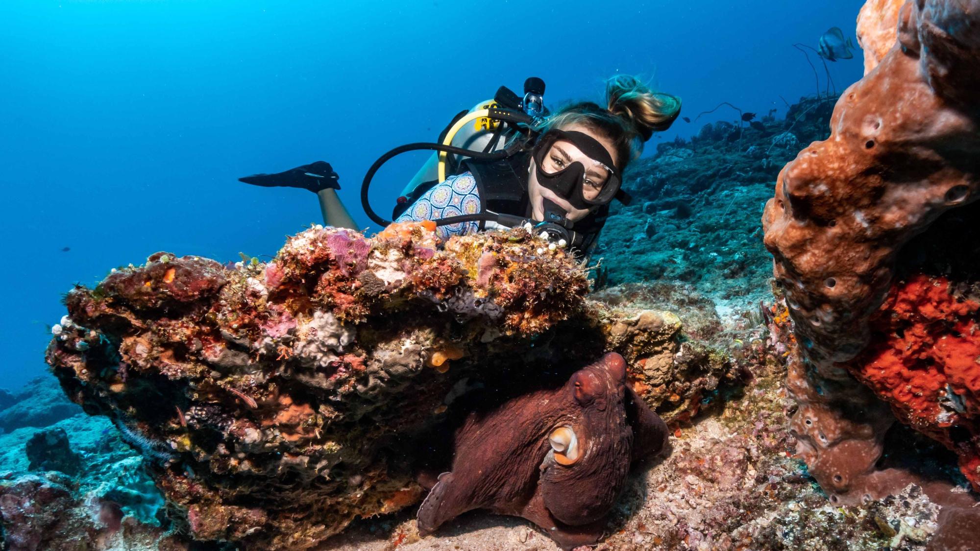 Maelly Faure scuba diving along the coral reef